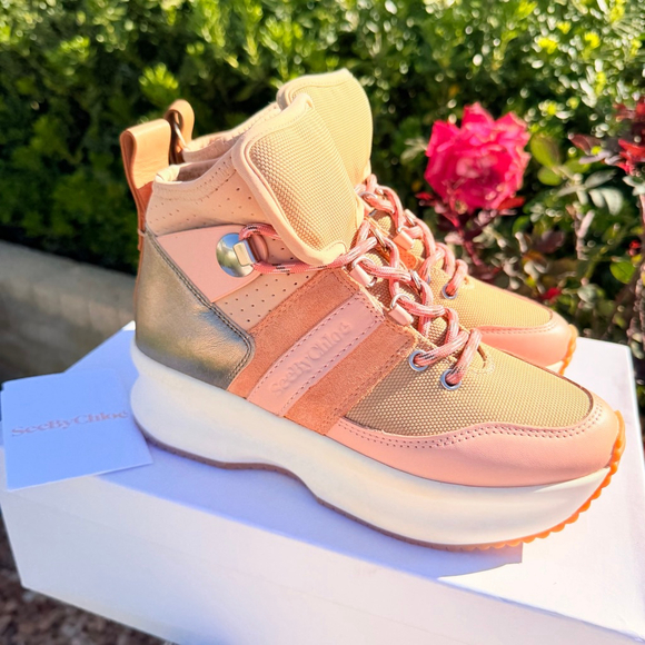 See by Chloe Casey Panelled High-Top Sneakers Pink Beige Size 35 US 5 New In Box - Picture 3 of 9